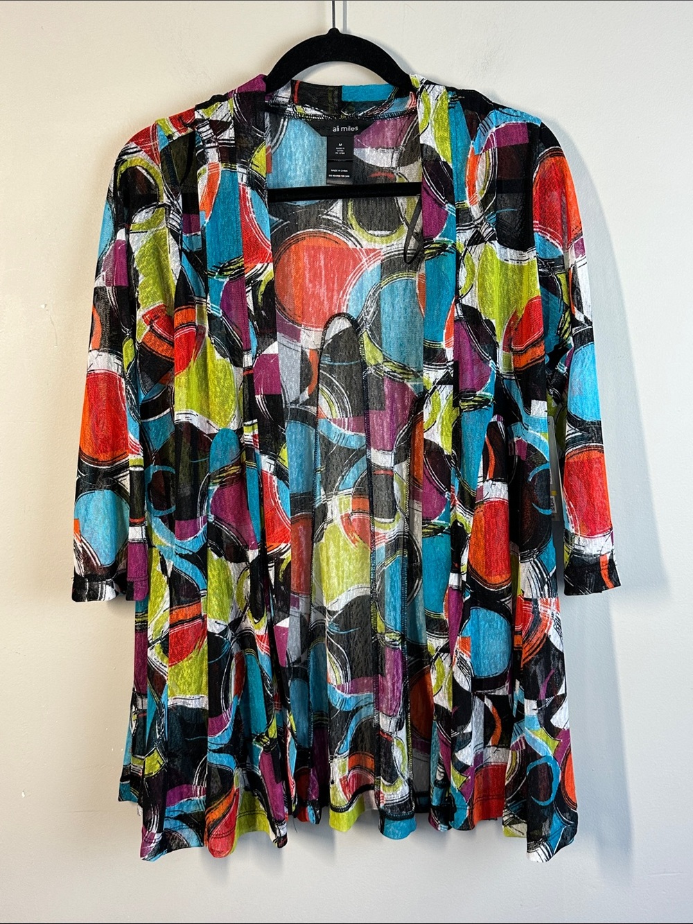 NWT Ali Miles Black Abstract Geo Print Open Front Sheer Artsy Flowy Cardigan M